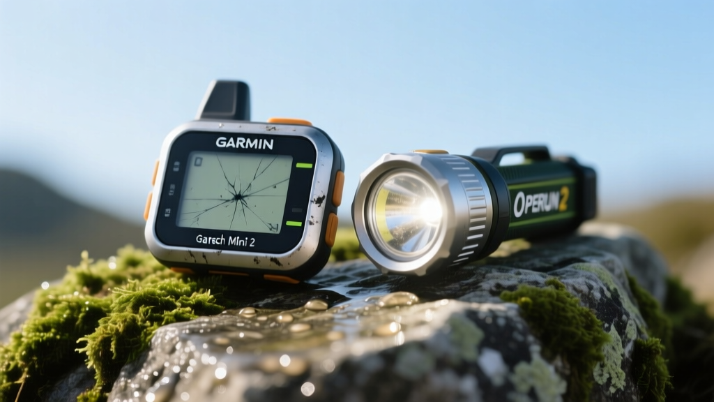 Close-up of scratched Garmin inReach Mini 2 and Olight Perun 2 headlamp resting on wet mossy granite rock after field testing