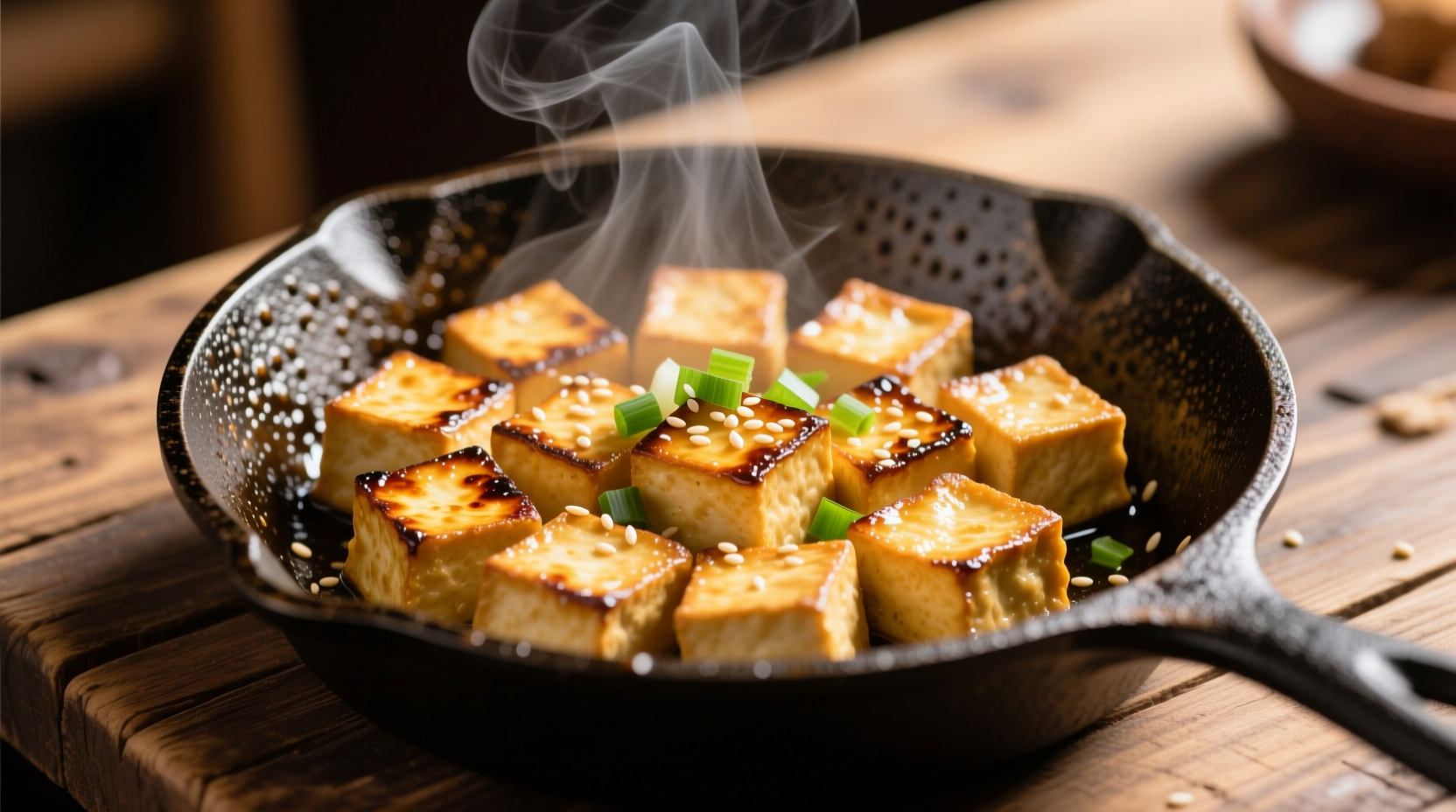 Crispy golden tofu cubes in cast iron skillet