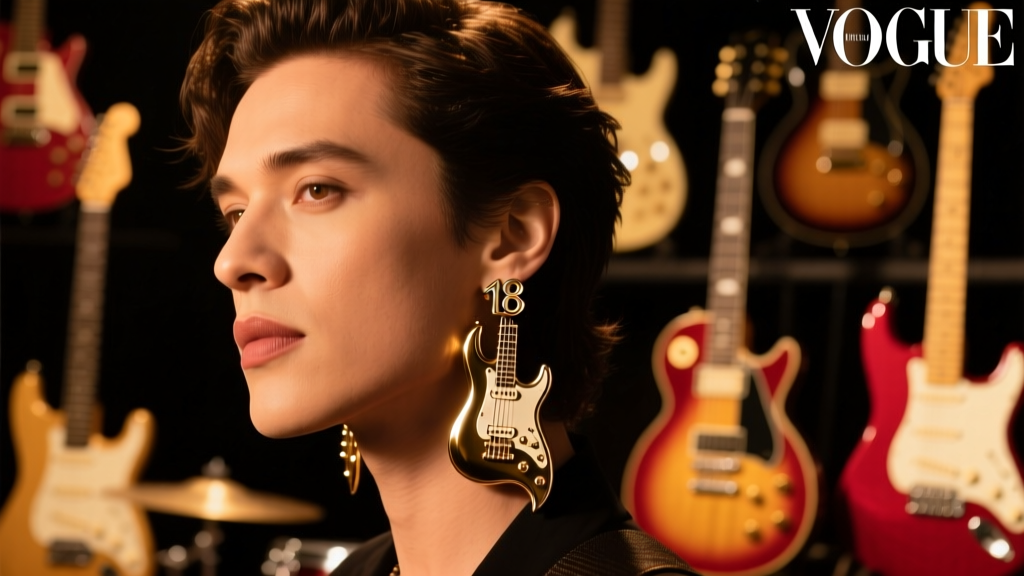 Musician wearing 18-gauge titanium electric guitar dangle earrings under warm stage lighting, with a blurred guitar background.