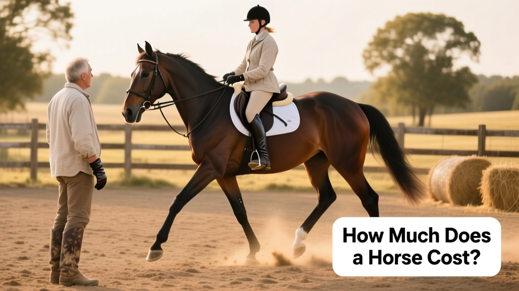 A rider inspecting a horse's movement during a pre-purchase exam at a quiet outdoor arena