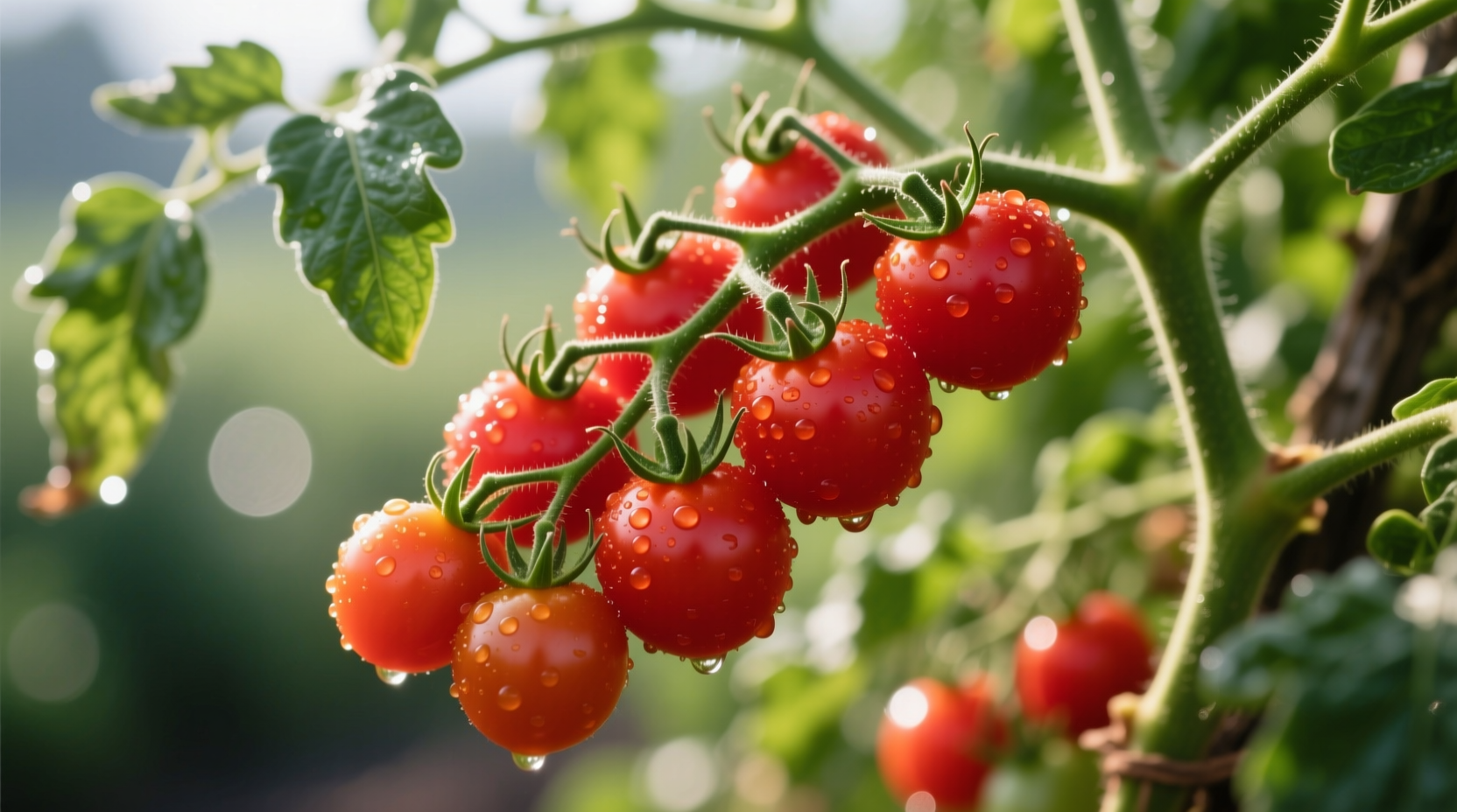 Early harvest of red cherry tomatoes on vine