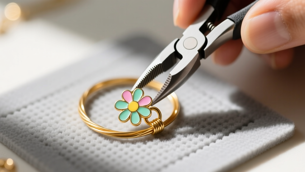 Hands using pliers to attach a tiny enamel daisy spacer to a 20-gauge gold-filled wire jump ring on a gray jewelry beading mat.