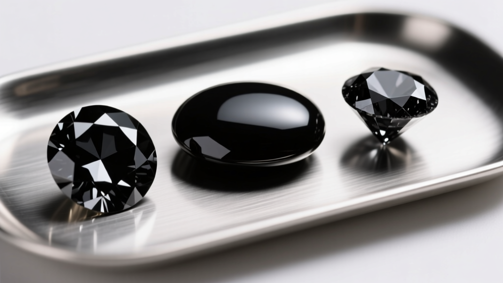 Macro shot of a faceted black spinel, smooth cabochon onyx, and raw black diamond resting on a brushed silver tray.