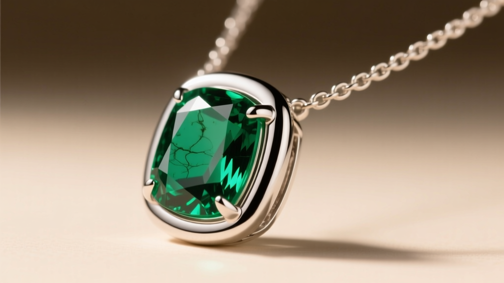 Side profile of a bezel-set emerald necklace in platinum, showing how the metal rim protects the fragile edges of the gemstone