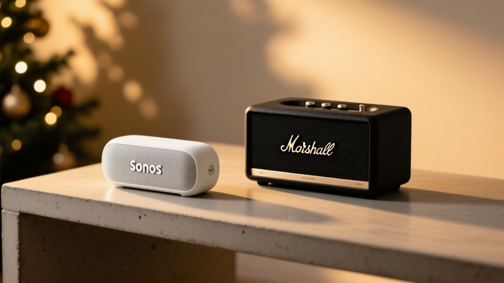 Side-by-side product shot of the Sonos Roam 2 and Marshall Middleton on a minimalist concrete desk with warm ambient holiday lighting