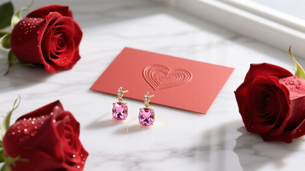 Flat-lay of 14k rose gold morganite drop earrings beside a Valentine card and red roses on white marble, soft natural daylight.