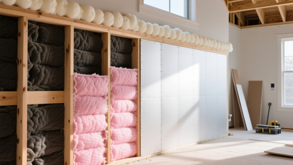 Cross-section of a wood-framed wall revealing pink fiberglass batts, rigid polyiso foam, and closed-cell spray foam on a bright site