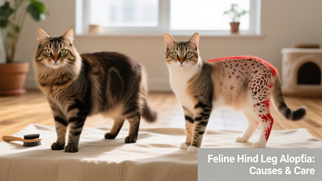 Side-by-side comparison of healthy cat hind legs versus legs showing symmetrical hair thinning and mild scaling