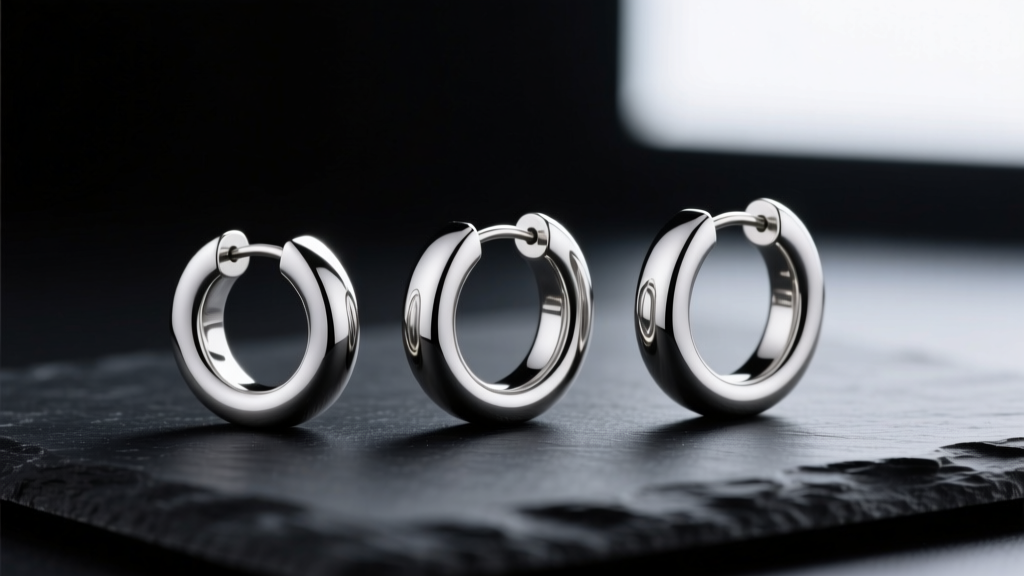 Macro photography of three seamless titanium hoop earrings in varying gauges from 18g to 16g resting on a dark slate surface