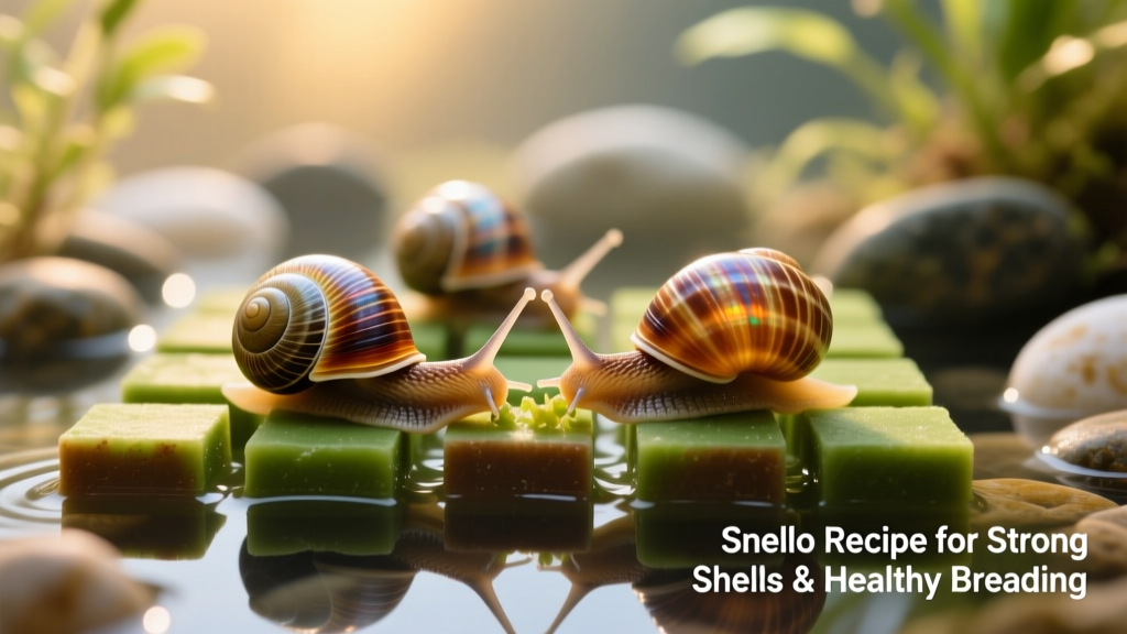 A close-up of vibrant, healthy mystery snails grazing on firm, greenish-brown Snello cubes in a clean aquarium