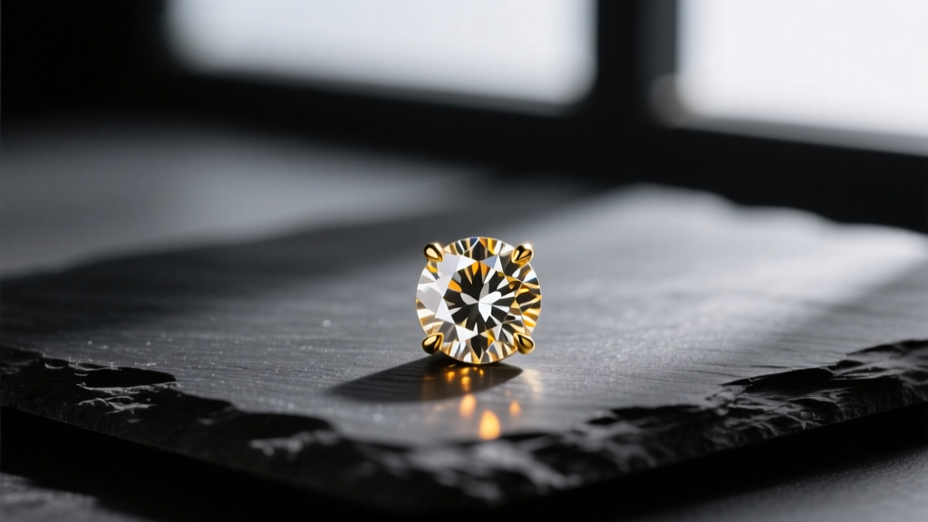 Single 4mm round brilliant diamond bezel set in 14k yellow gold, resting on matte black slate with dramatic, moody shadows.