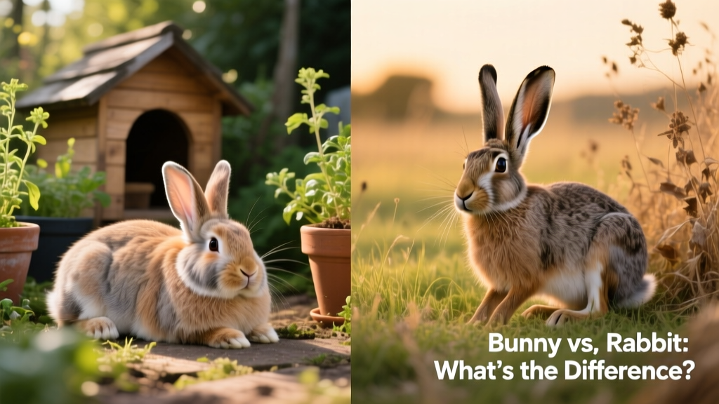 Side-by-side comparison showing a domestic rabbit and a wild hare in natural settings