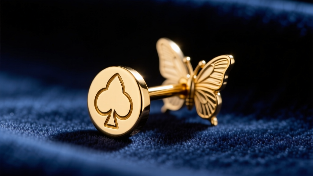 Macro photo of a 20-gauge gold-plated earring post showing a stamped spade logo and a metal butterfly clutch on velvet