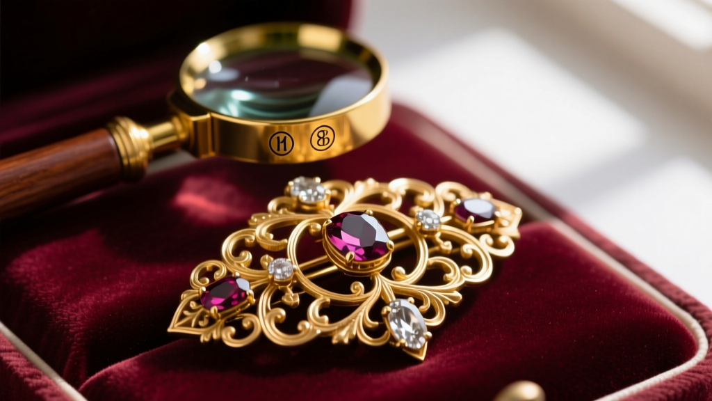 Macro shot of an antique 18k gold Victorian brooch on velvet, with a loupe revealing tiny hallmark stamps engraved on the clasp