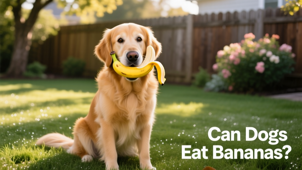 A golden retriever gently holding a peeled banana in its mouth, sitting on a grassy backyard lawn