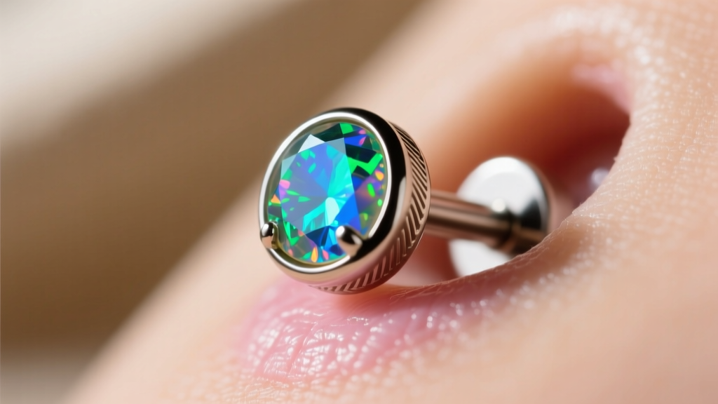 Close-up of a 16-gauge implant-grade titanium labret stud with a bezel-set opal, resting securely in a healed helix piercing.