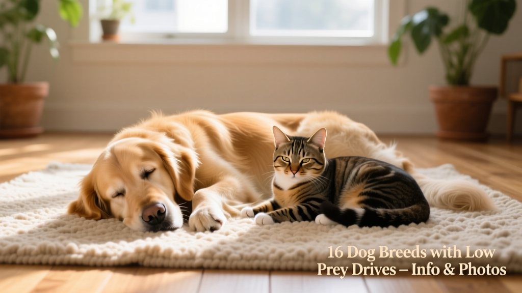 A calm Golden Retriever resting beside a cat on a sunlit rug