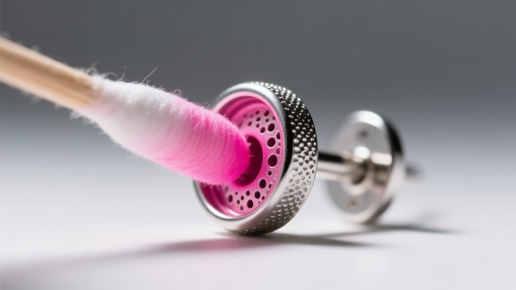Close-up of a chemical swab turning pink on a silver earring post, revealing reactive nickel on the porous metal surface
