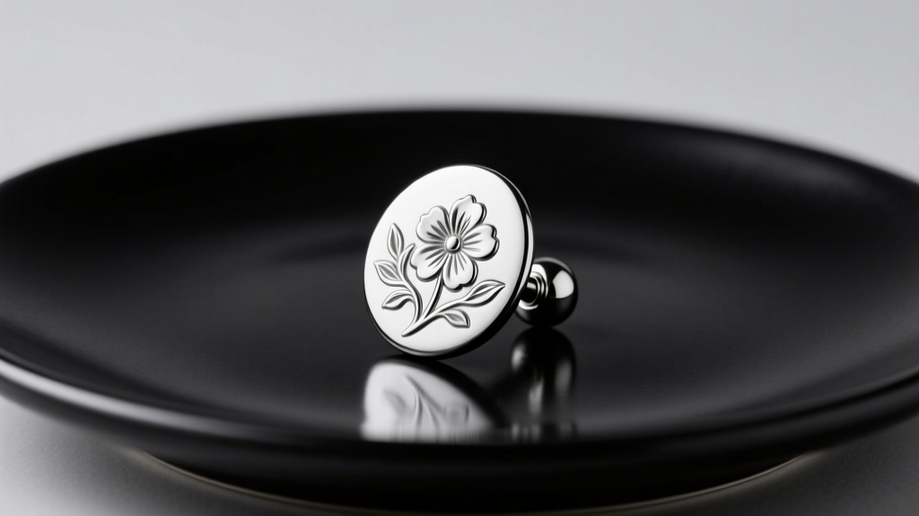 Non-piercing magnetic nipple shield with floral silver detailing, displayed elegantly on a minimalist matte black ceramic plate