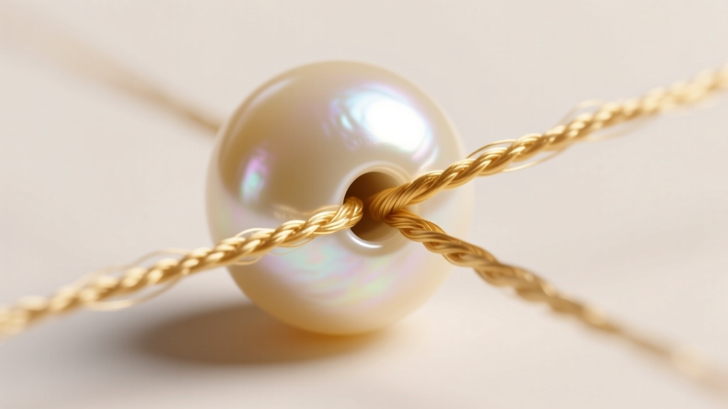 Macro shot of size 6 Griffin silk thread passing through a 0.6mm drilled hole of a cream-colored round freshwater pearl