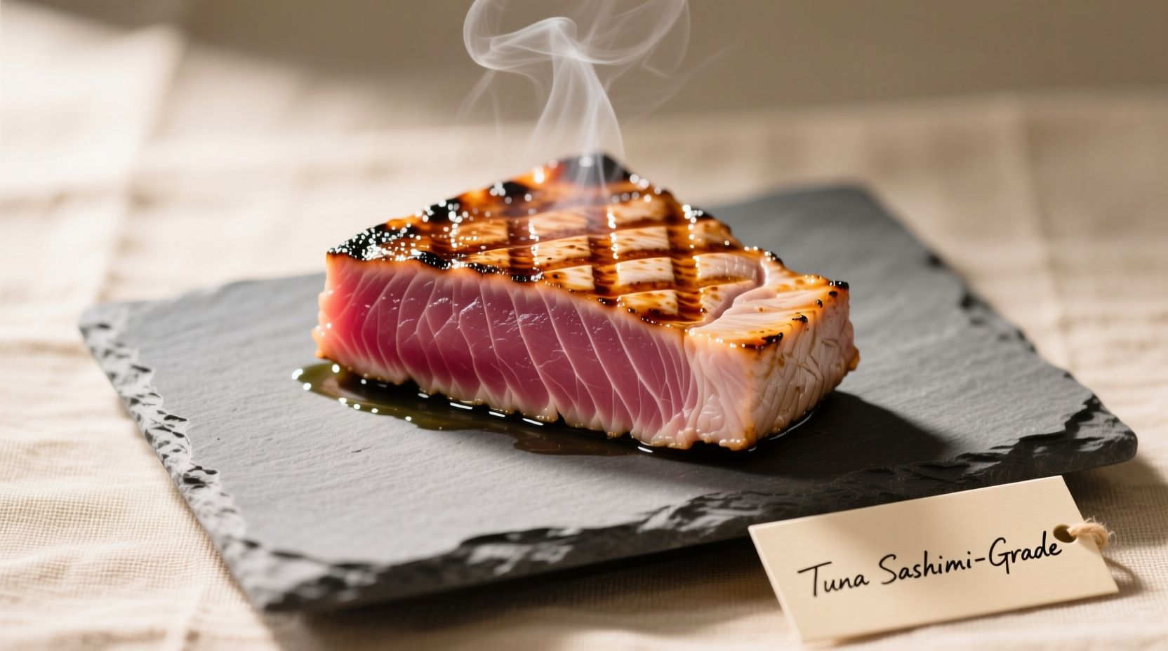 Perfectly cooked tuna steak with seared exterior