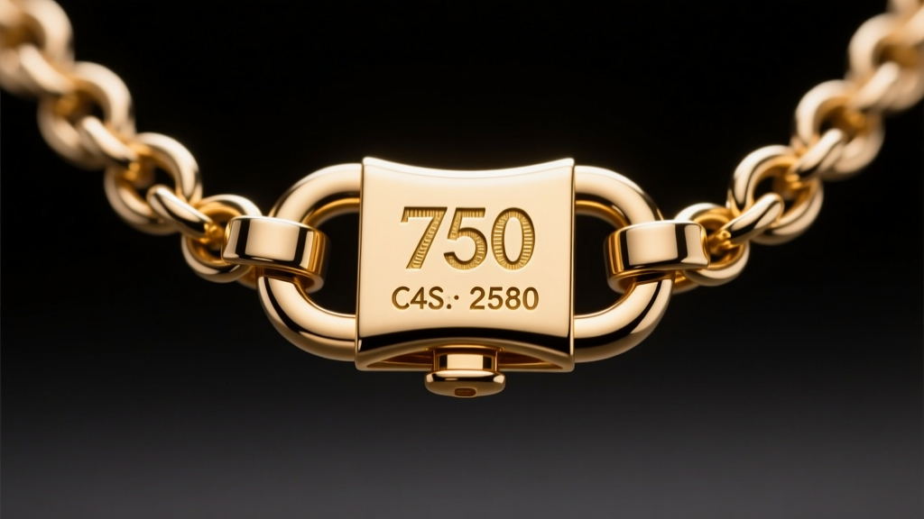 Macro shot of a laser-engraved 750 gold hallmark and serial number on the clasp of a genuine Louis Vuitton fine jewelry chain