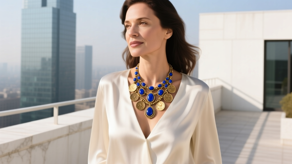Woman in V-neck silk blouse wearing cascading boho style necklace set featuring brass coins and deep blue lapis lazuli gemstones.