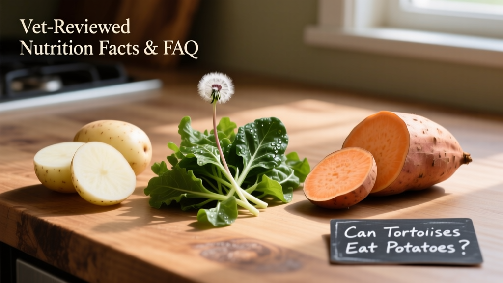 Side-by-side comparison: raw white potato vs. raw sweet potato slices next to tortoise-safe greens
