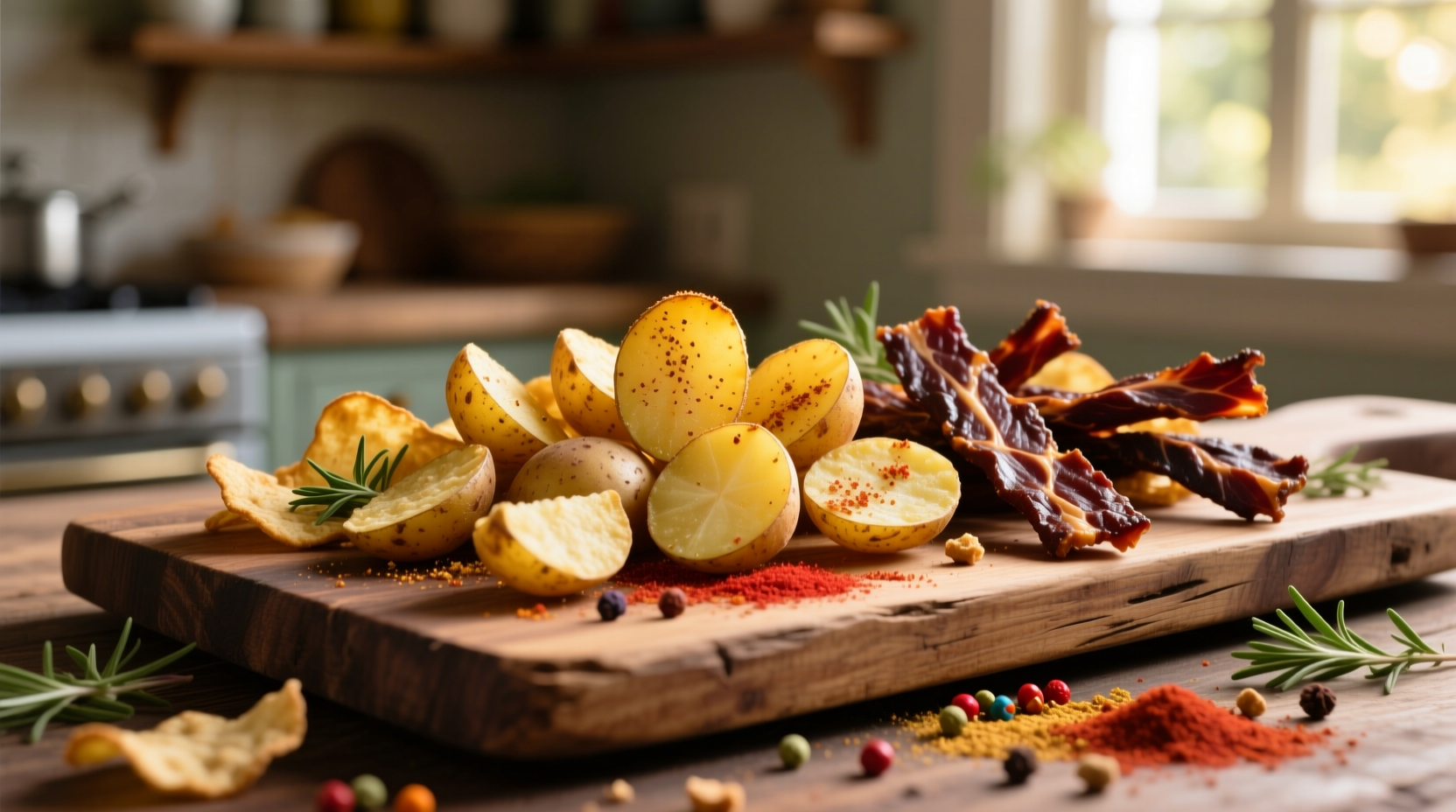 Assorted potato snacks including gems and jerky on wooden board