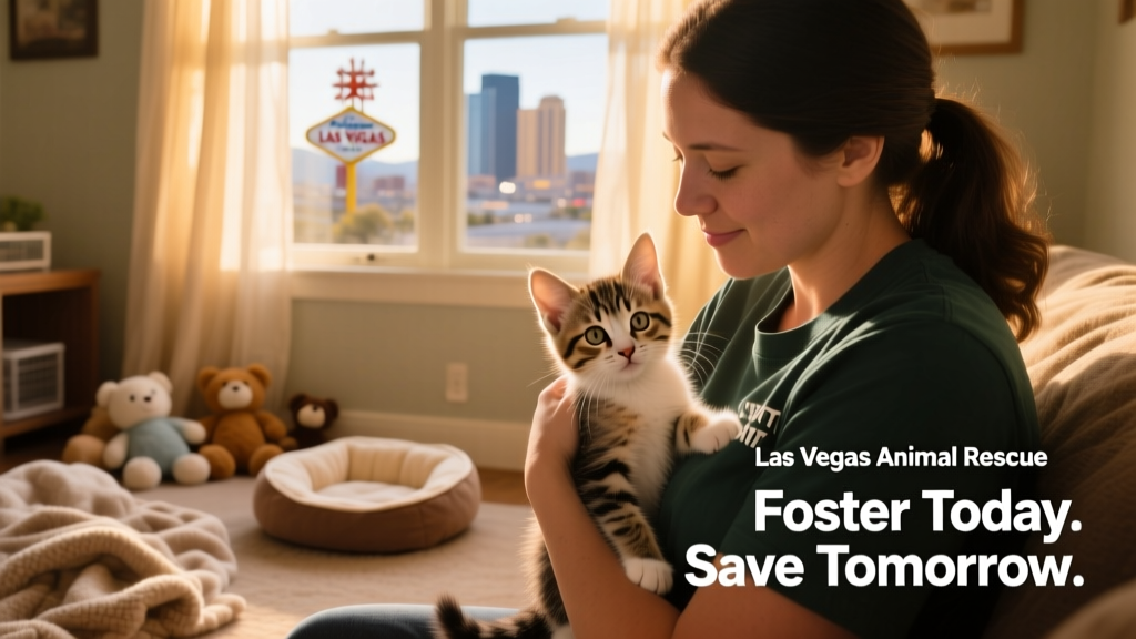 Volunteer gently holding a young kitten in a quiet foster setup with blankets and toys