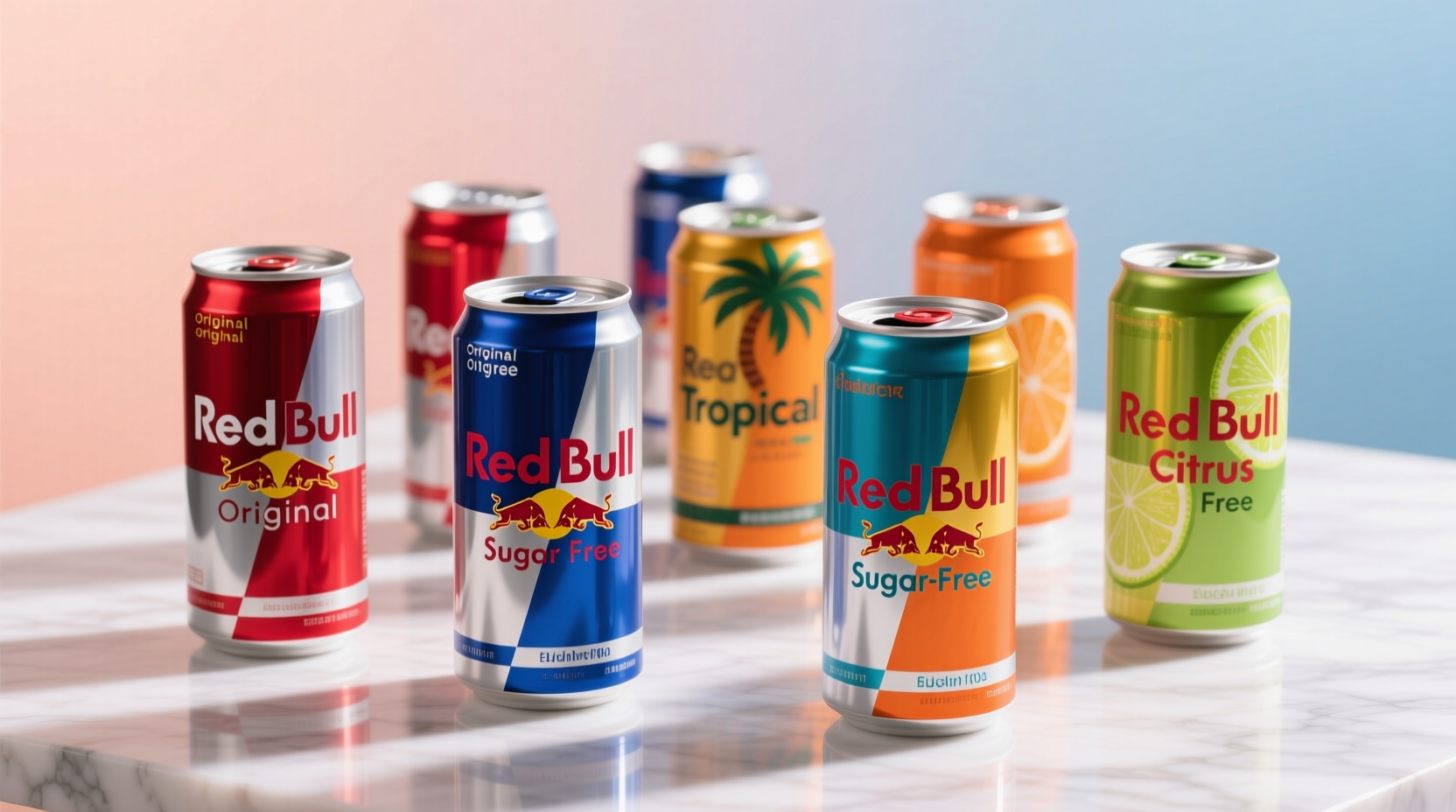 Red Bull energy drink cans arranged by flavor