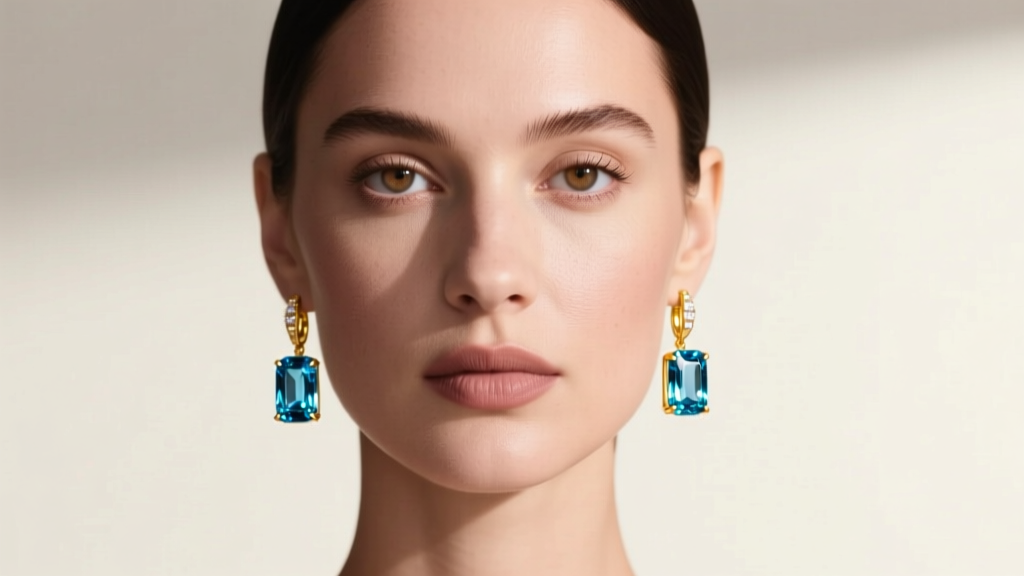 Portrait of a woman with an oval face shape wearing Swiss blue topaz emerald cut drop earrings in yellow gold, neutral background.
