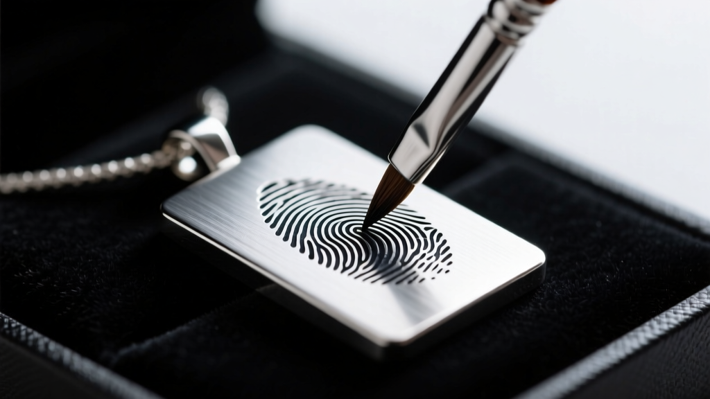 A fine brush applying dark oxidizing patina into laser-engraved fingerprint grooves on a brushed silver memorial pendant.