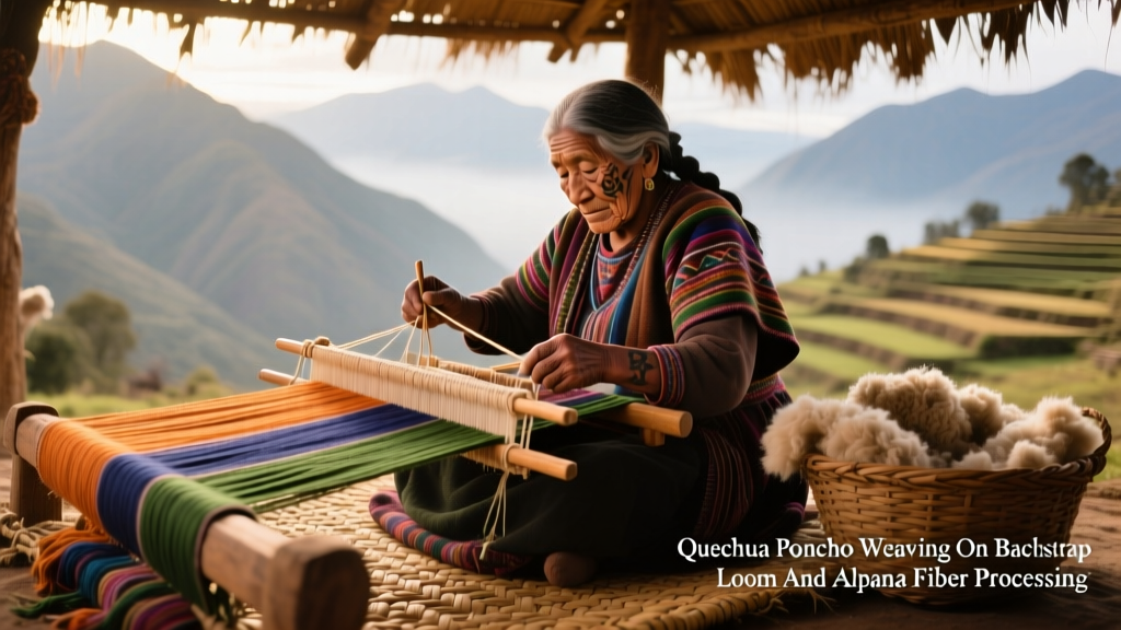 Quechua Poncho Weaving On Backstrap Loom And Alpaca Fiber Processing