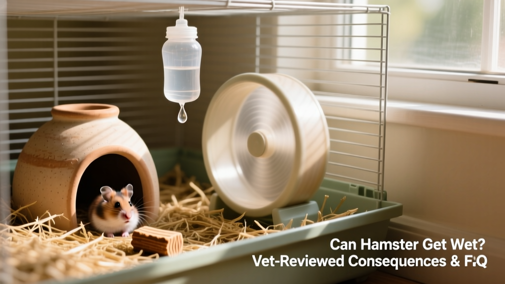 Well-ventilated hamster cage with ceramic hideout, solid-surface wheel, and hanging water bottle