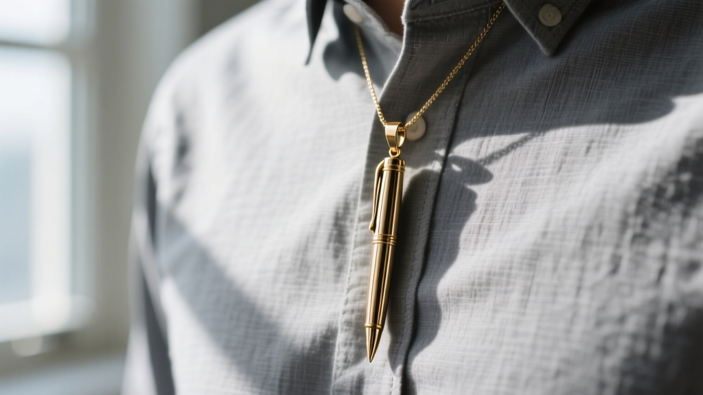 Brass pen pendant with offset bail hanging perfectly vertical against a grey shirt, showing proper weight distribution and balance.