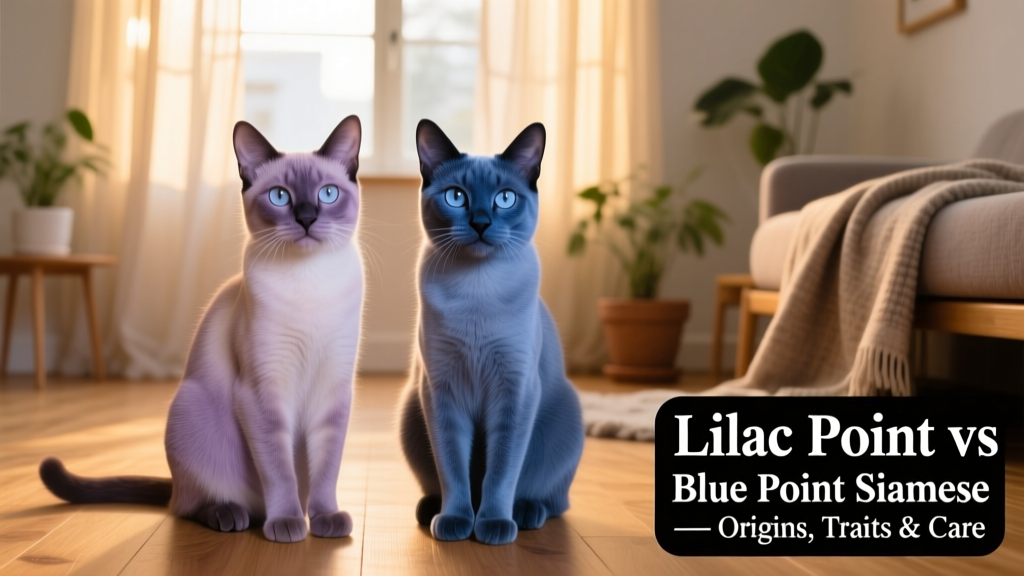 Side-by-side comparison showing the subtle difference between a Lilac Point and a Blue Point Siamese, emphasizing the softer, warmer lavender tones