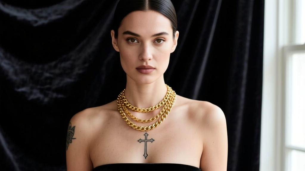Editorial portrait of a woman with a fine-line sternum cross tattoo wearing layered 14k gold chains against a dark velvet top.