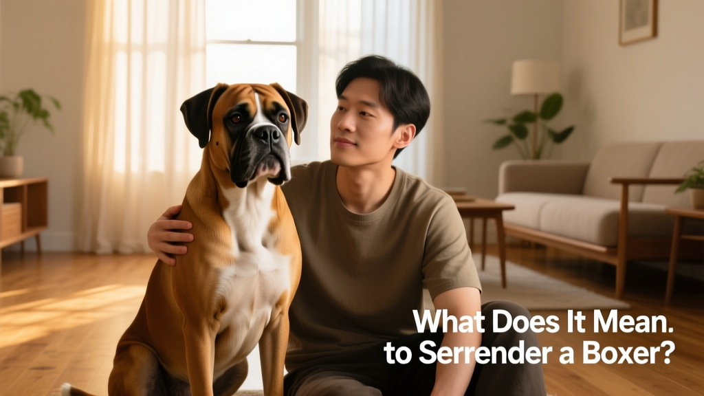 A calm, well-groomed boxer sitting beside a person in a quiet home setting