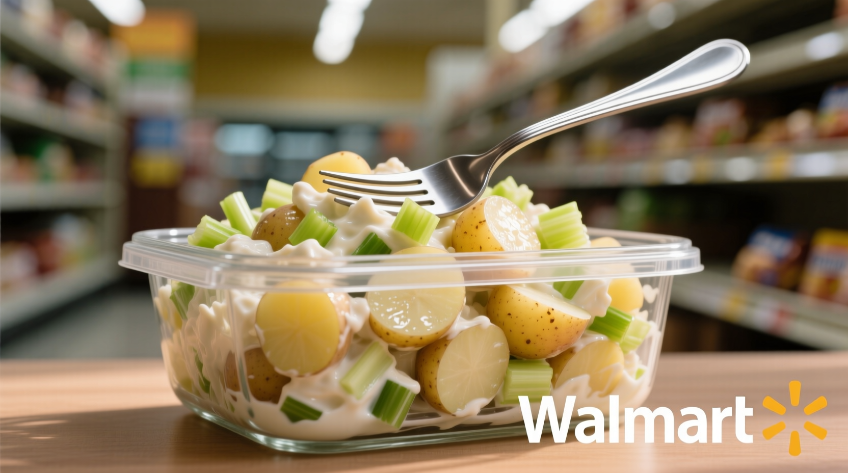 Walmart potato salad in clear container with fork