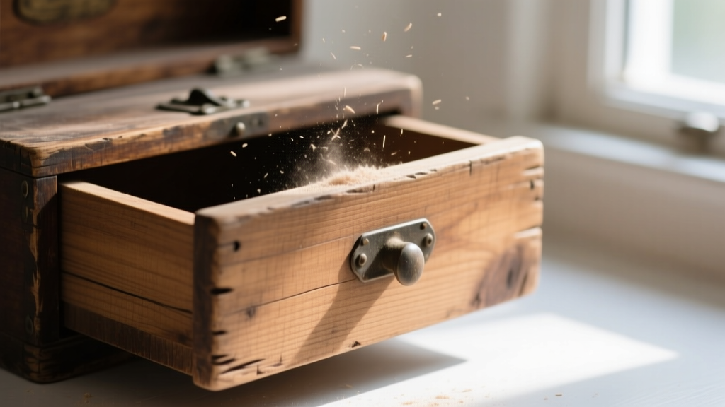 Close-up of a swollen wooden drawer sanded with fine-grit paper inside a vintage box, revealing raw wood and fine dust particles.