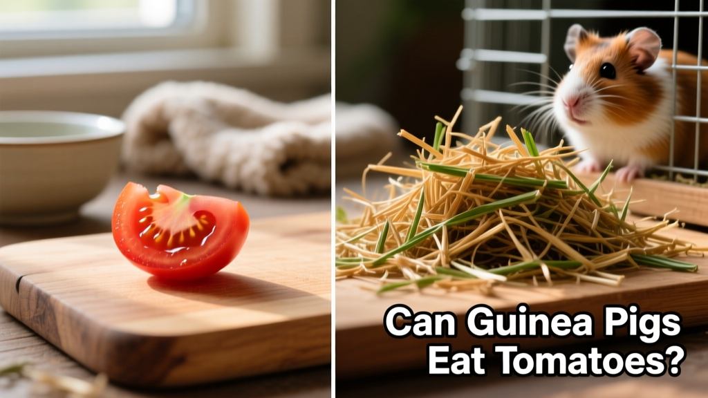 Side-by-side comparison: a small, chopped tomato piece beside a handful of timothy hay, illustrating proper portion scale