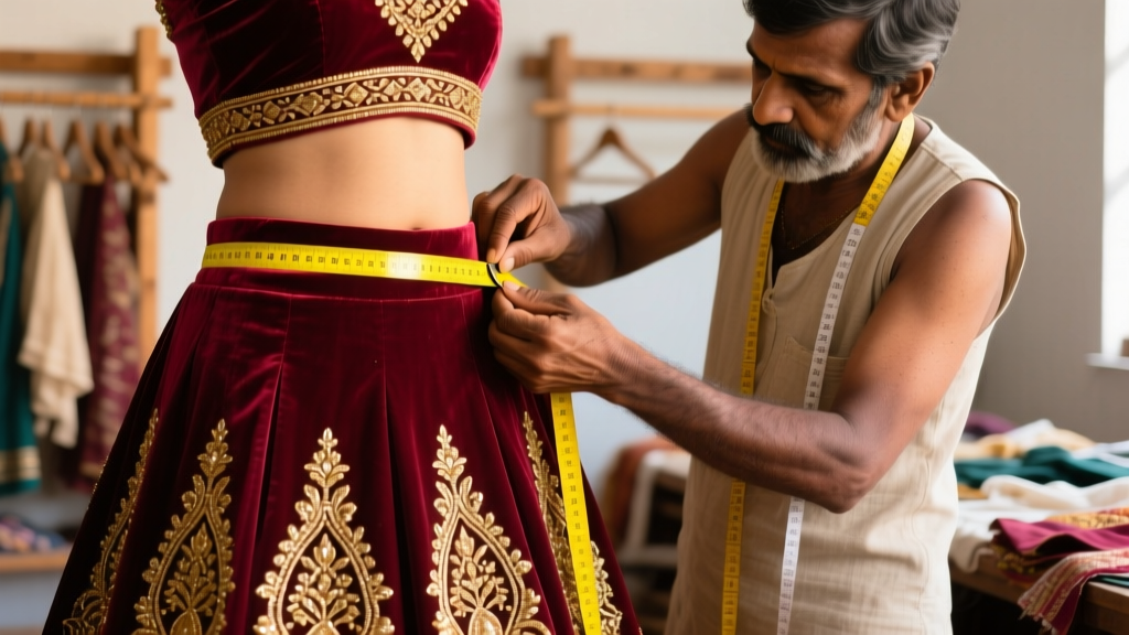 Tailor measuring an embroidered maroon velvet lehenga skirt waist with a yellow tape, showing intricate gold zardozi thread work