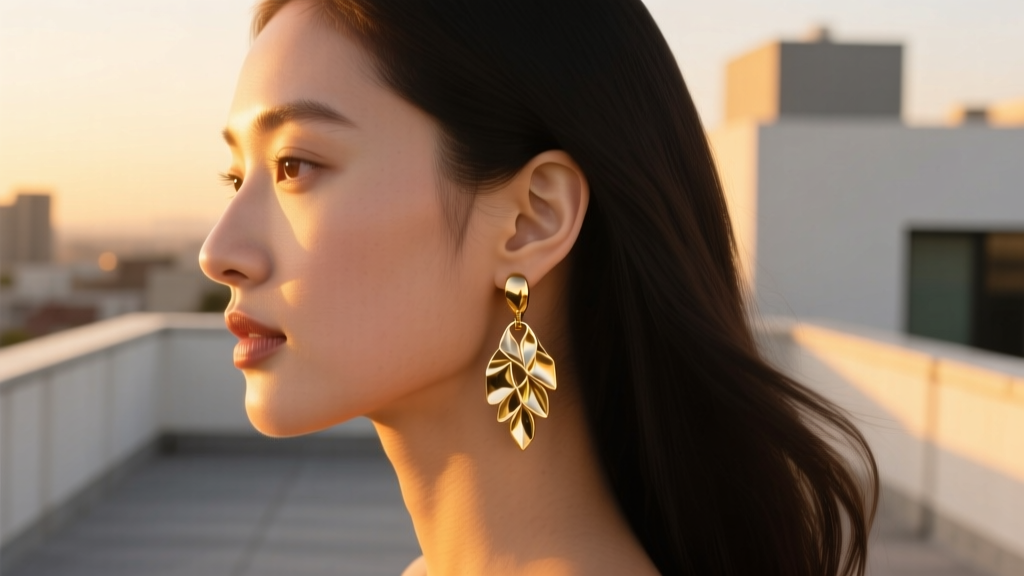 Side profile of a woman wearing lightweight hammered gold drop Laguna earrings, showing the metallic texture catching sunset light