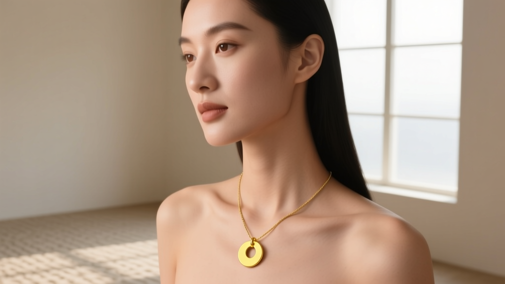 Woman wearing a 14k yellow gold disc pendant necklace on a 1mm cable chain, illuminated by soft, warm natural window lighting.