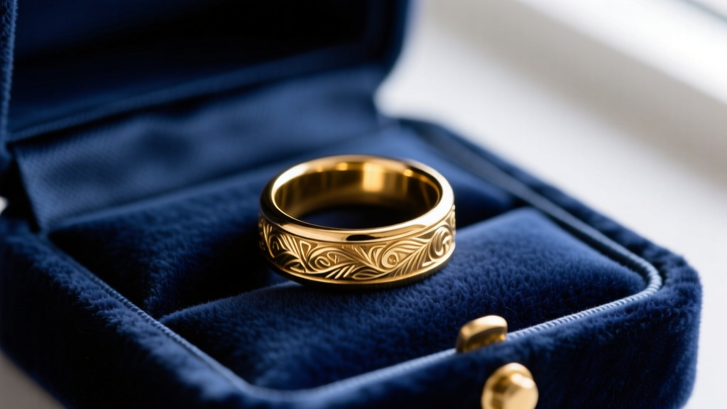 Close-up of a gold-plated brass ring resting on anti-tarnish flannel lining inside a dark navy blue jewelry box compartment.