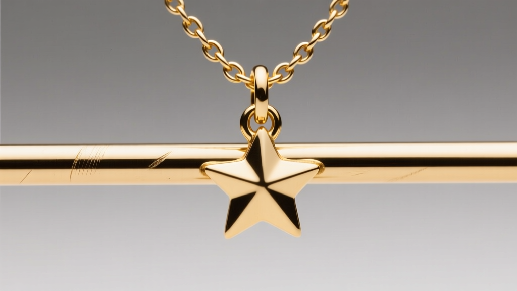 Macro view of a soldered jump ring connecting a small star charm to a gold-plated horizontal bar necklace in bright studio light.