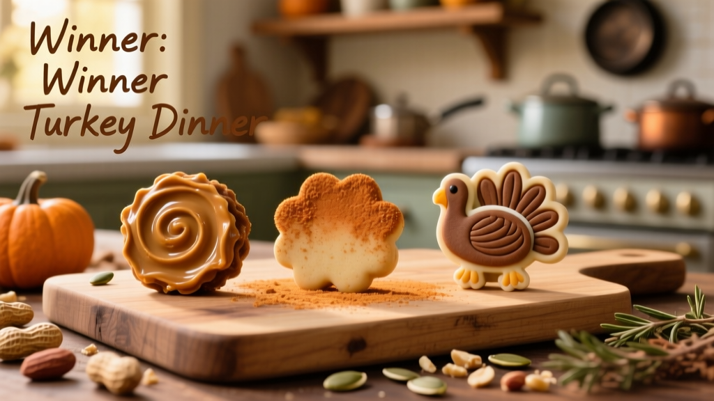Close-up of three finished treats: one topped with peanut butter swirl, one dusted with pumpkin powder, one with a tiny turkey-shaped decoration