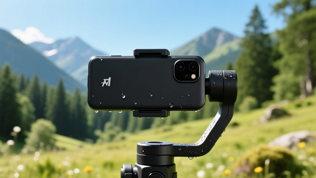 Matte-black gimbal made from recycled ocean plastics stabilizing a 2026 smartphone against a vibrant outdoor nature backdrop.