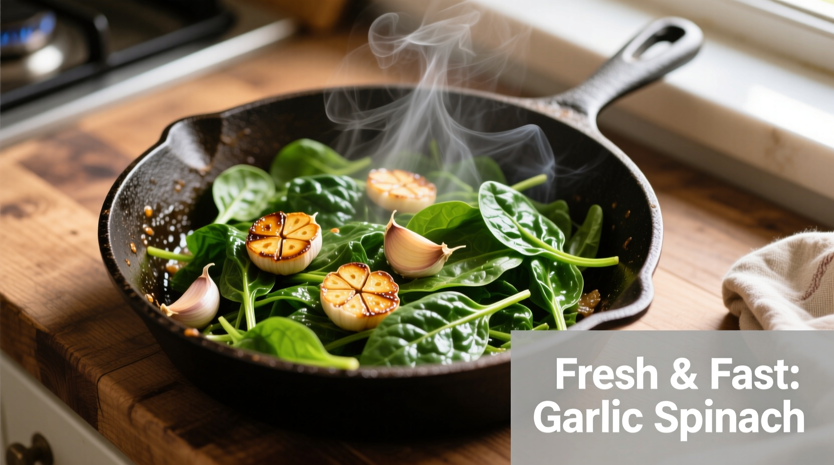 Fresh spinach sautéing in cast iron skillet with garlic